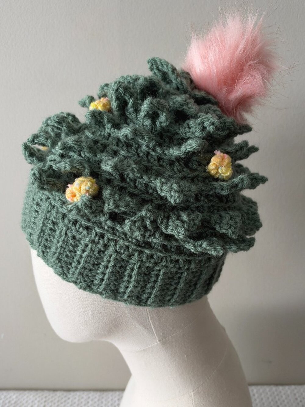 Handmade Crochet Festive Christmas Tree Green Yellow Pink Pompom Beanie